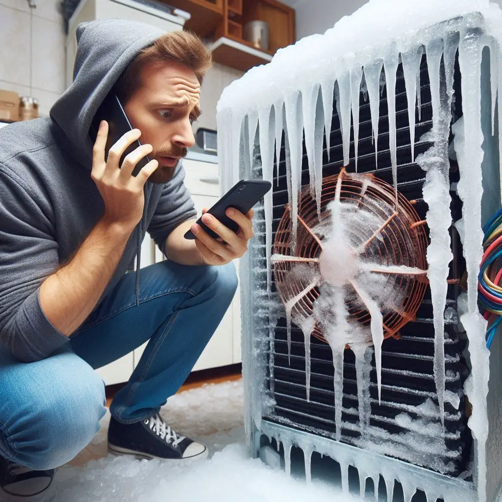 A frozen evaporator coil covered in ice, with a concerned homeowner inspecting the unit while making a phone call for emergency repair.