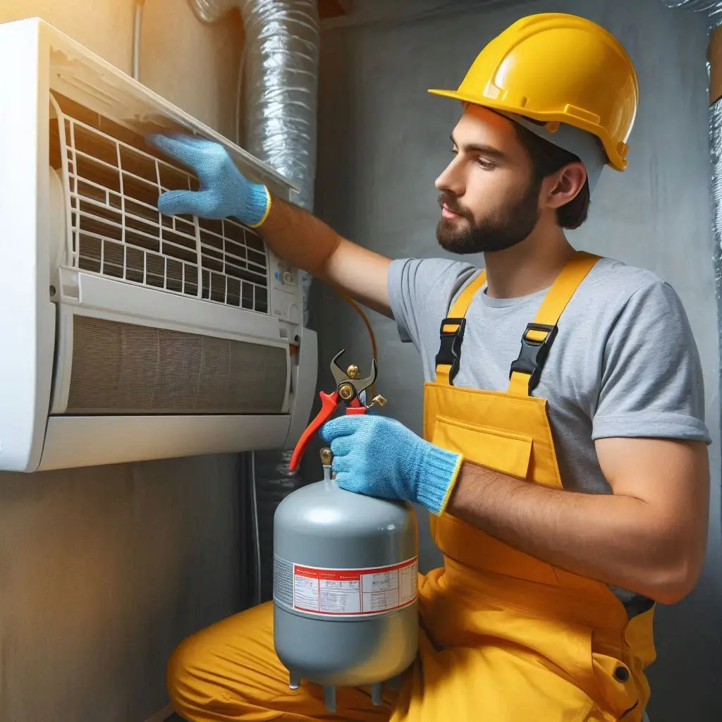 "An HVAC technician performing routine air conditioner maintenance, cleaning air ducts and checking refrigerant levels in an air-conditioned room."