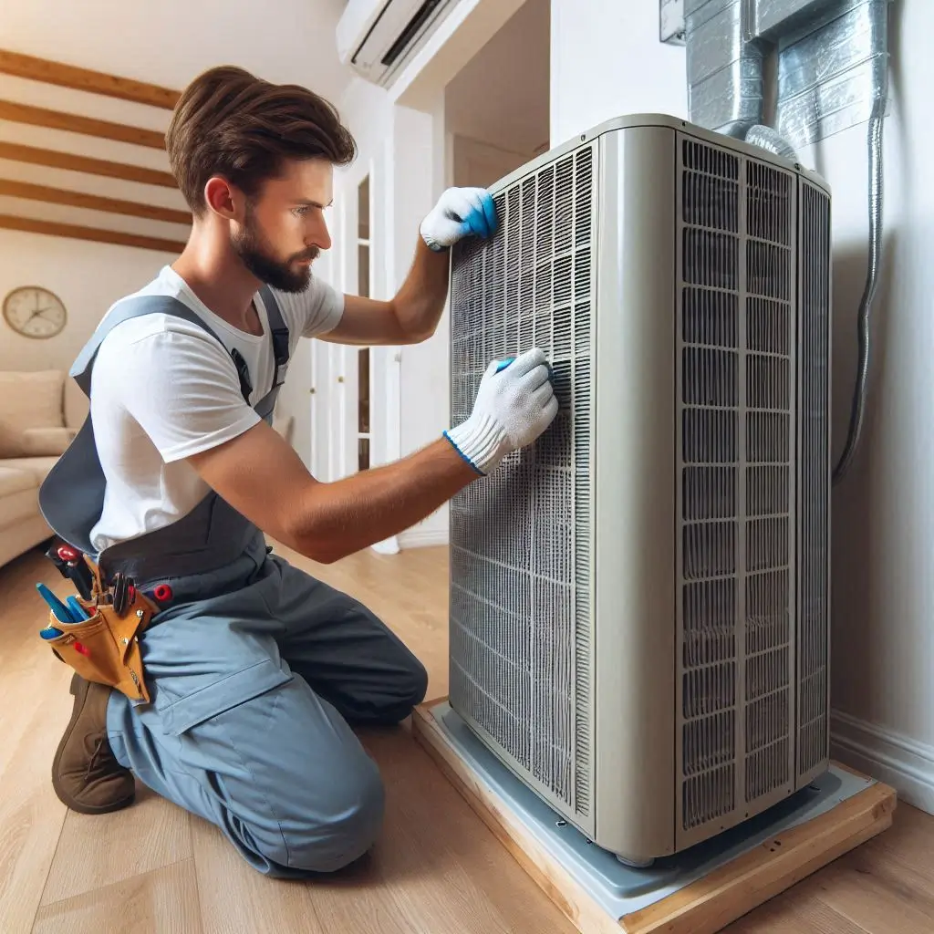 "A technician installing a new air conditioning unit in a home in Pasco County. The technician is ensuring proper installation for efficient cooling during the Florida heat."