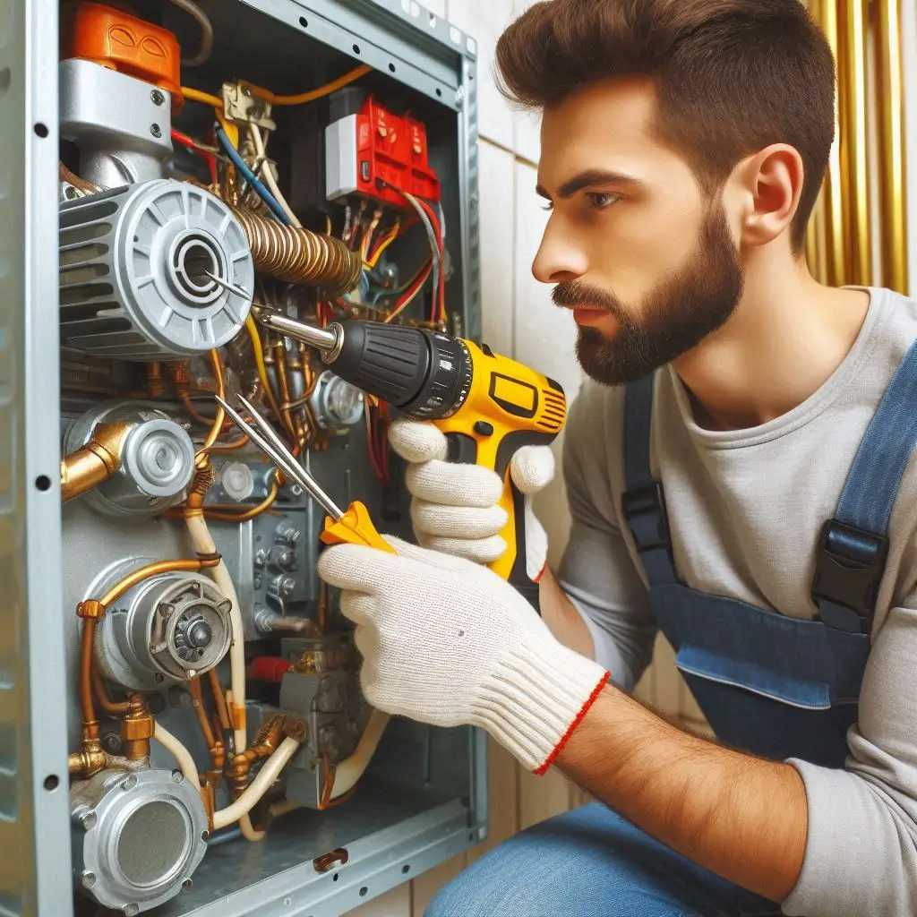 "A professional technician diagnosing and repairing a heating system, working with tools on the system’s components like the blower motor or gas valve."