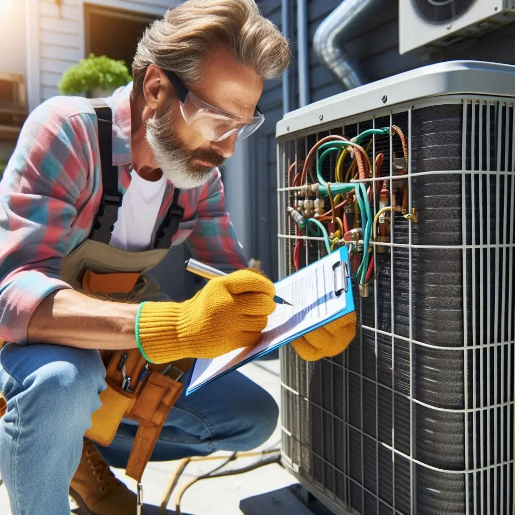 An HVAC technician performing a summer AC tune-up, inspecting refrigerant levels and cleaning condenser coils. The background should show a well-maintained outdoor AC unit.