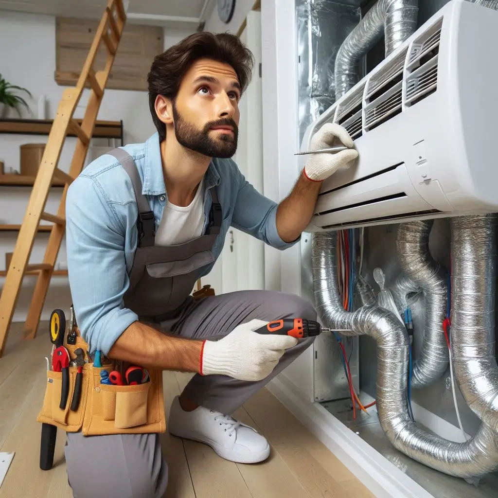 "An HVAC technician installing a new air conditioning system in a home, showing the installation of ducts, vents, and a modern air conditioner unit."