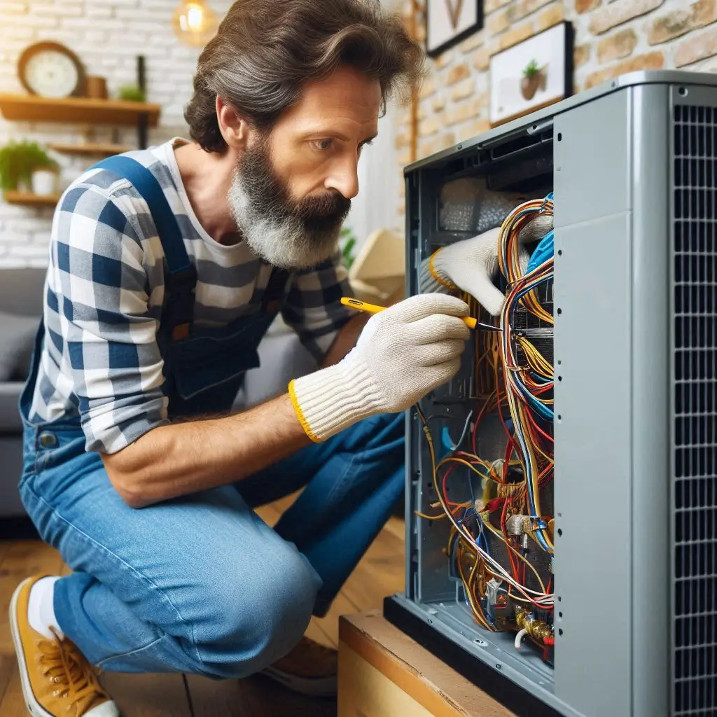 An HVAC technician performing a routine maintenance check on a home air conditioning unit, inspecting wiring and cleaning the condenser coil.