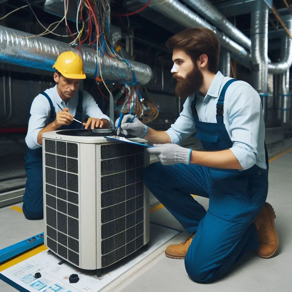 "An ARS technician performing maintenance on an air conditioning system in a commercial building, ensuring optimal performance."
