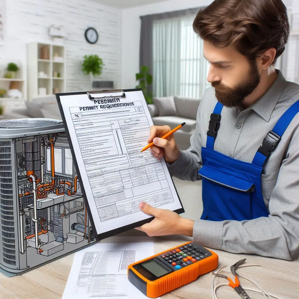 An image showing an HVAC professional discussing permit requirements and installation details with a homeowner.