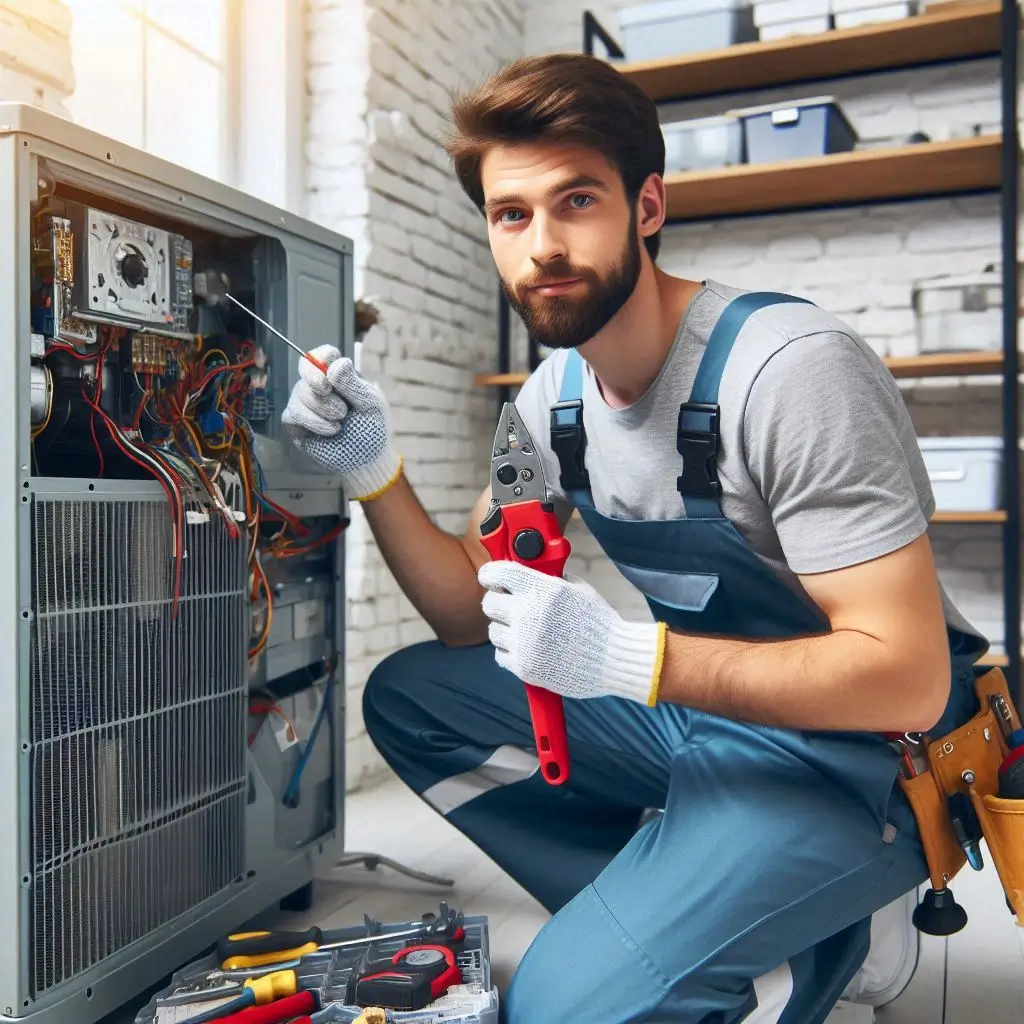 A professional HVAC technician performing routine maintenance on a central air conditioner, inspecting components with tools in hand.