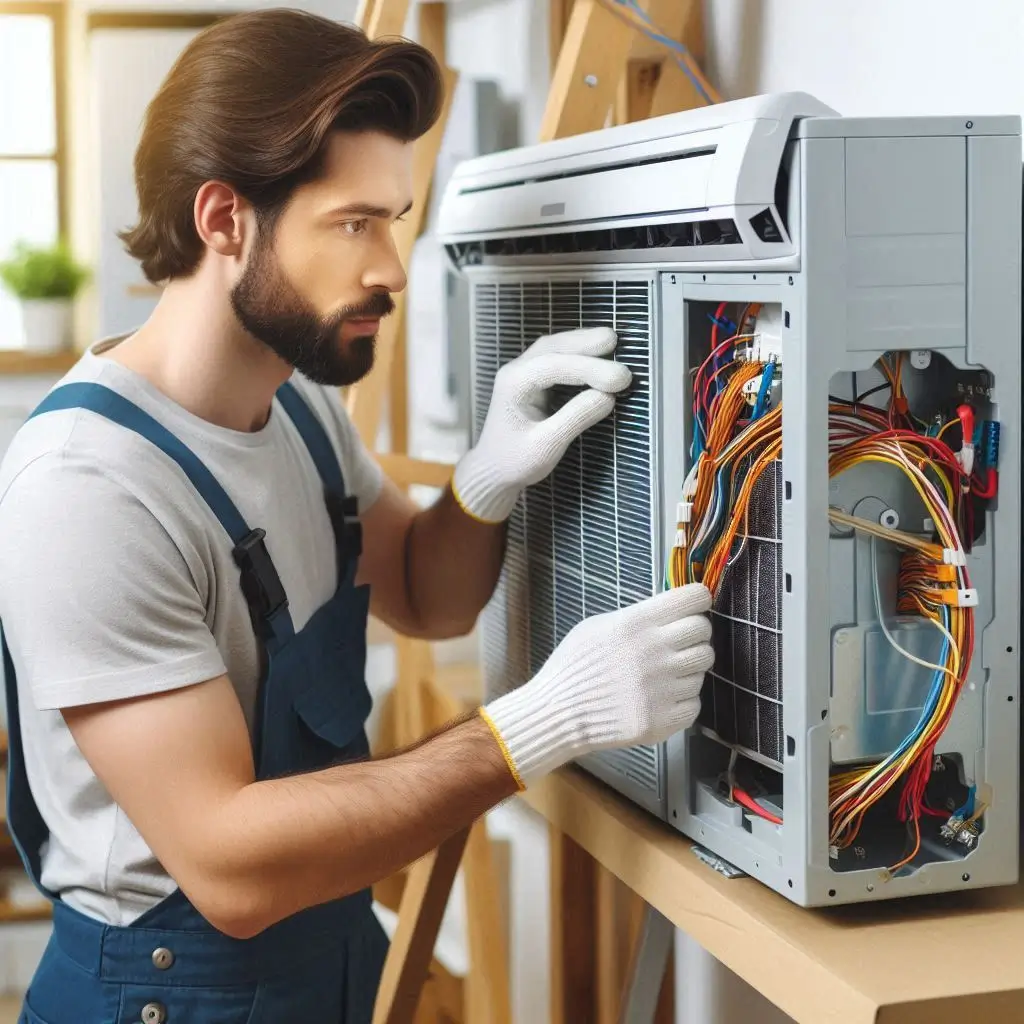 A professional HVAC technician installing a modern air conditioning unit in a residential home. The technician is carefully handling wiring and securing the unit while ensuring proper airflow direction.
