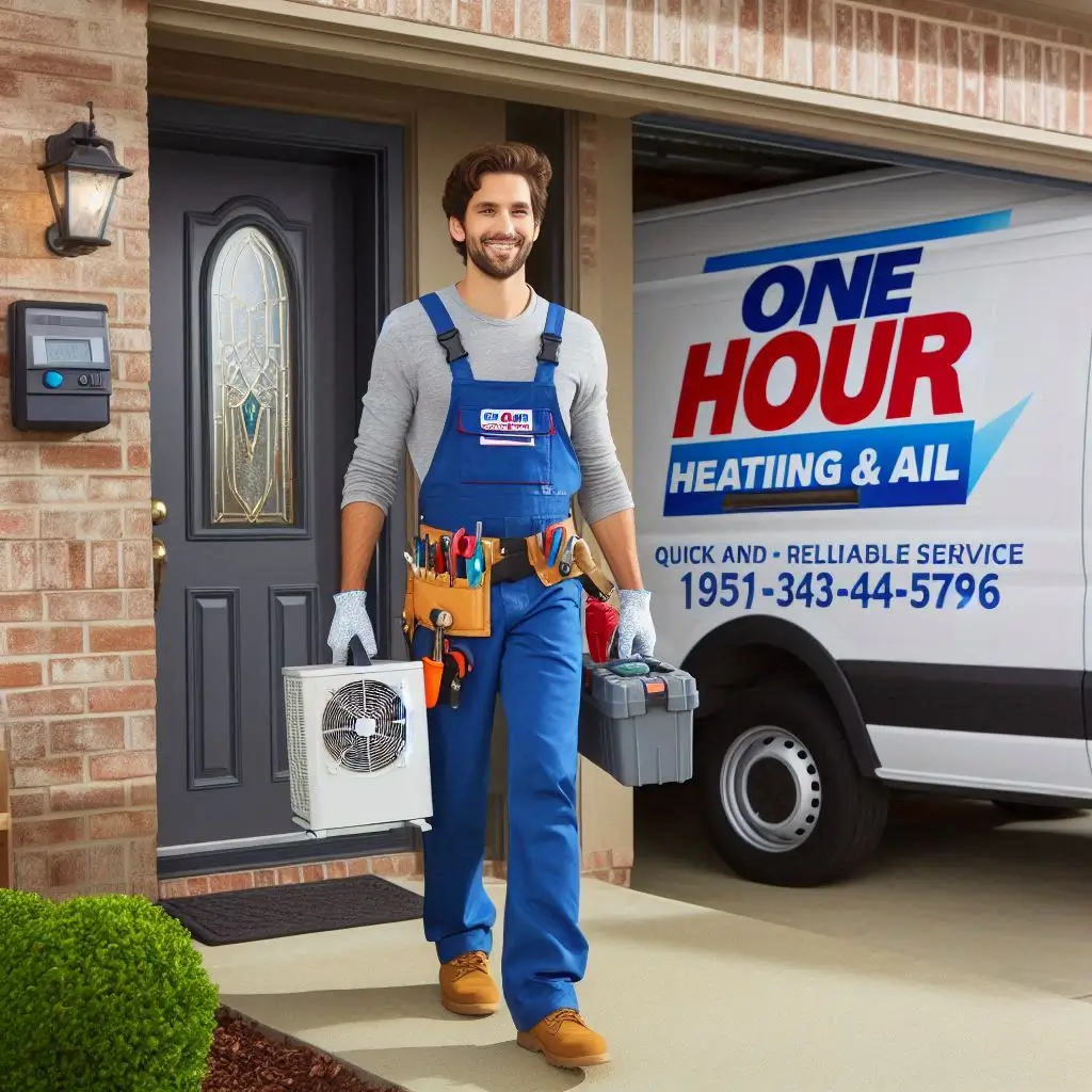 A technician from One Hour Heating and Air arriving at a home with HVAC equipment, ready to provide quick and reliable service. The technician is holding tools, walking toward the front door, with a service vehicle in the background."