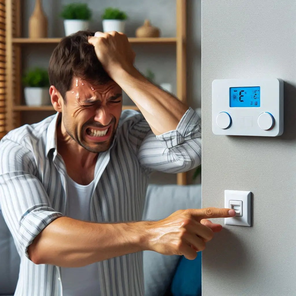A close-up of an AC refrigerant gauge attached to a unit, showing low refrigerant levels while a technician inspects for leaks.