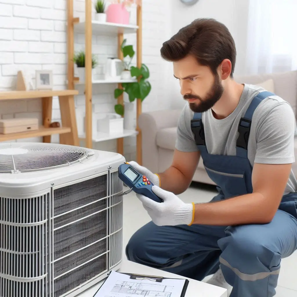 "A professional technician inspecting an air conditioner unit with a diagnostic tool in a home setting."