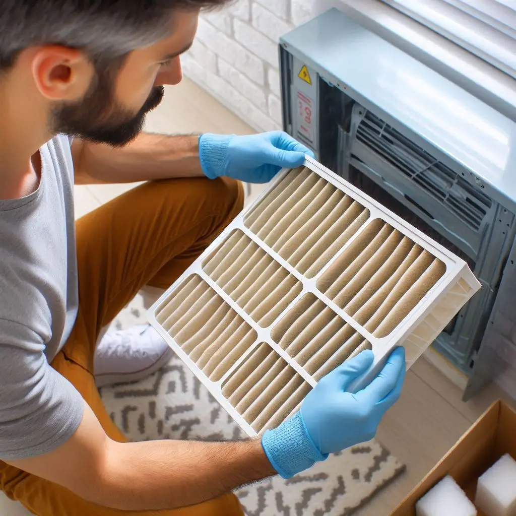 "A homeowner changing an air filter in their air conditioner unit, showing the easy and effective process of maintaining better airflow."