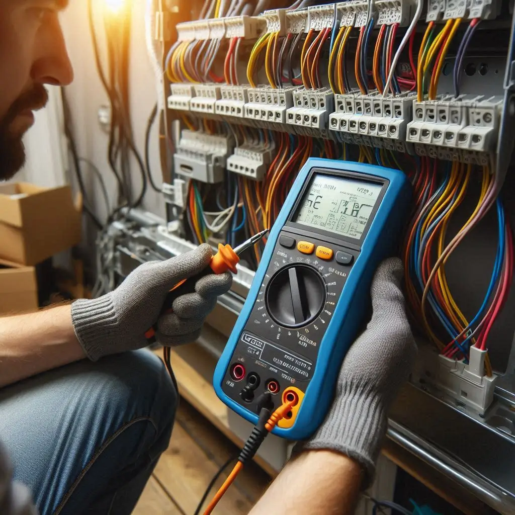 A technician using a voltage meter to test AC wiring, ensuring electrical components are functioning safely.