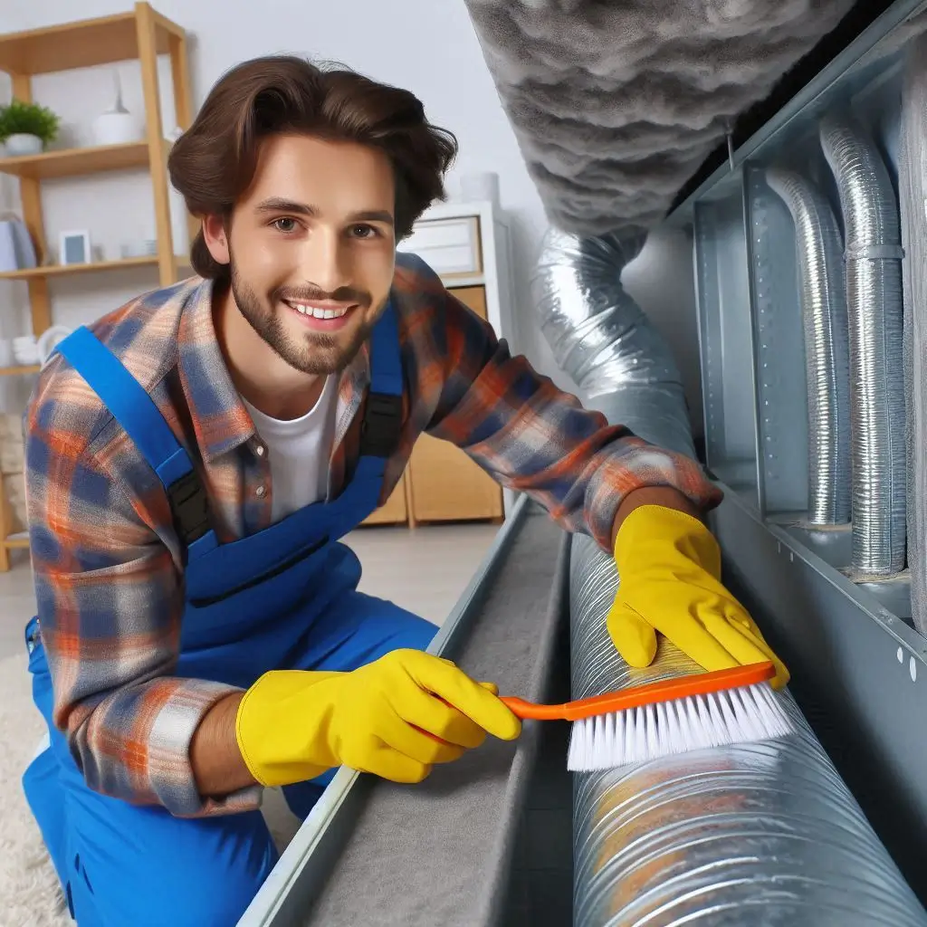 "An HVAC technician cleaning the air ducts of a home HVAC system to improve indoor air quality."