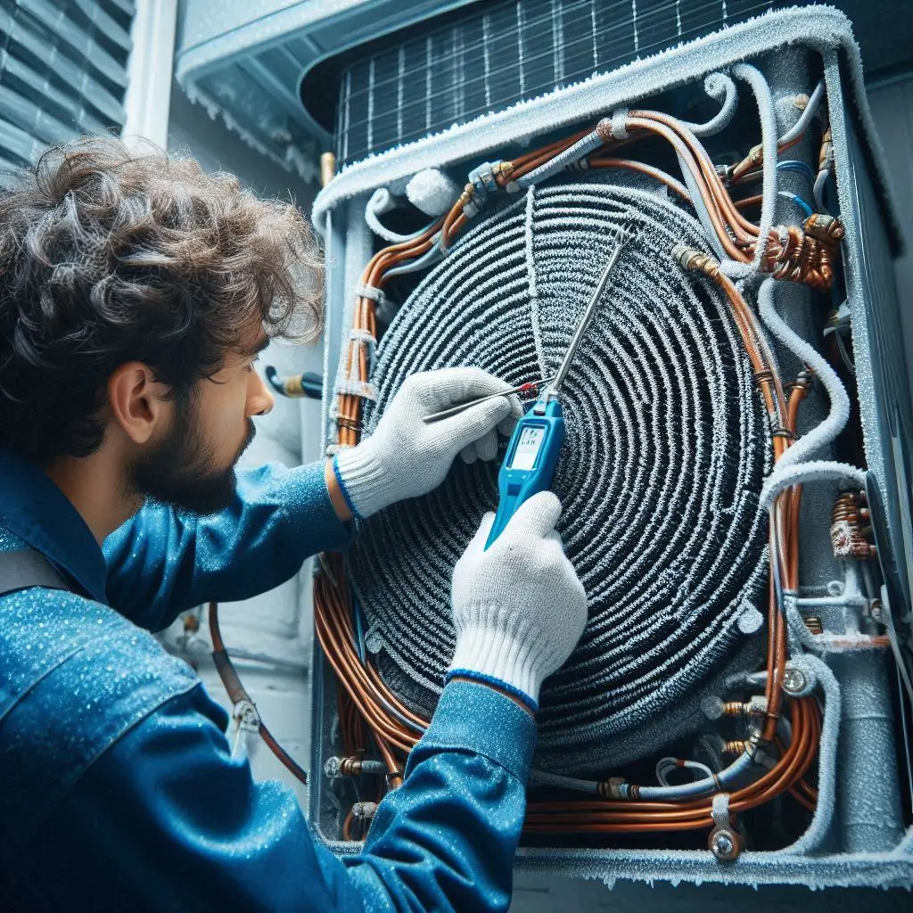 A close-up of an AC unit with visible frost buildup on the coils, with a professional technician inspecting the unit using specialized tools.