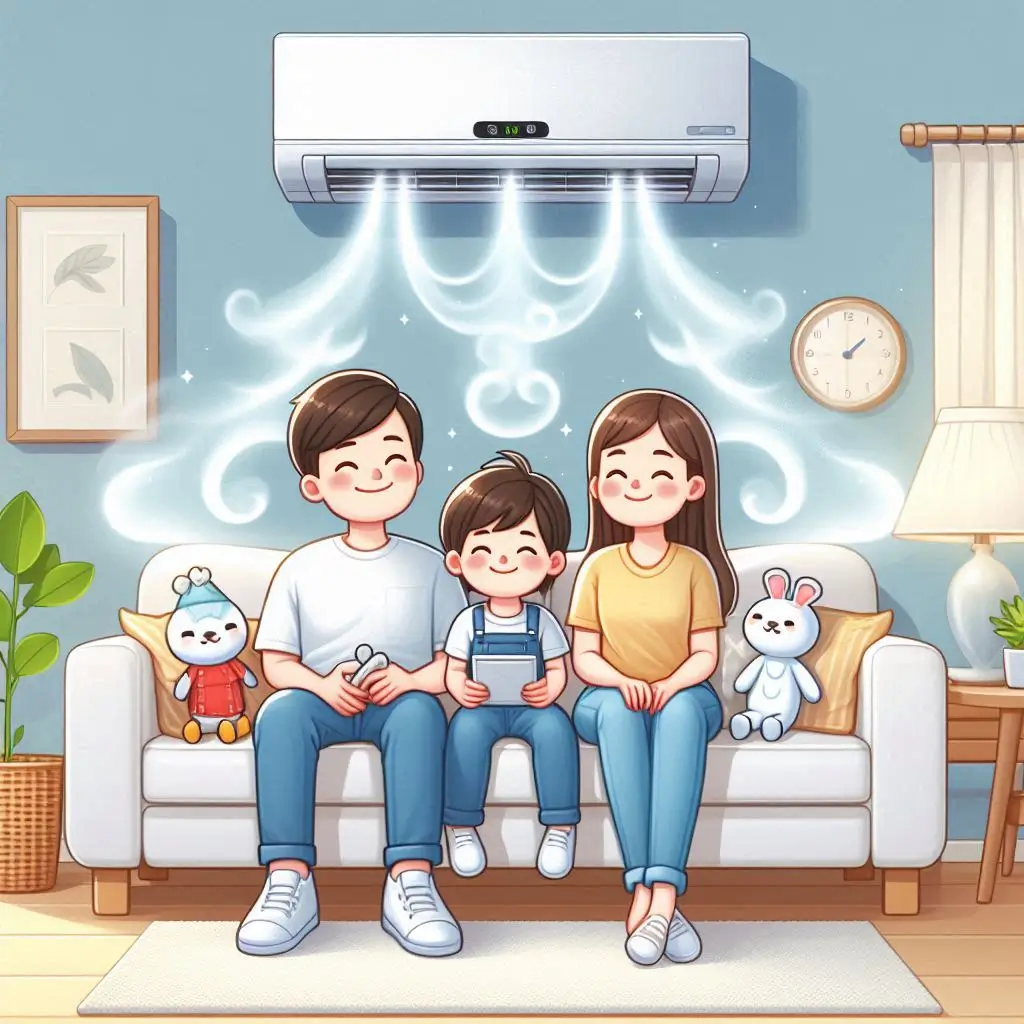 A happy family sitting comfortably in a living room with clean air circulating from an HVAC system, representing improved air quality and comfort.