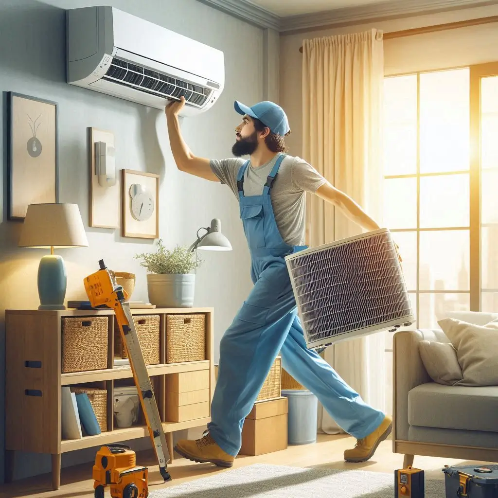 "An HVAC technician shifting an air conditioning unit from one room to another, ensuring proper placement for optimal cooling performance."
