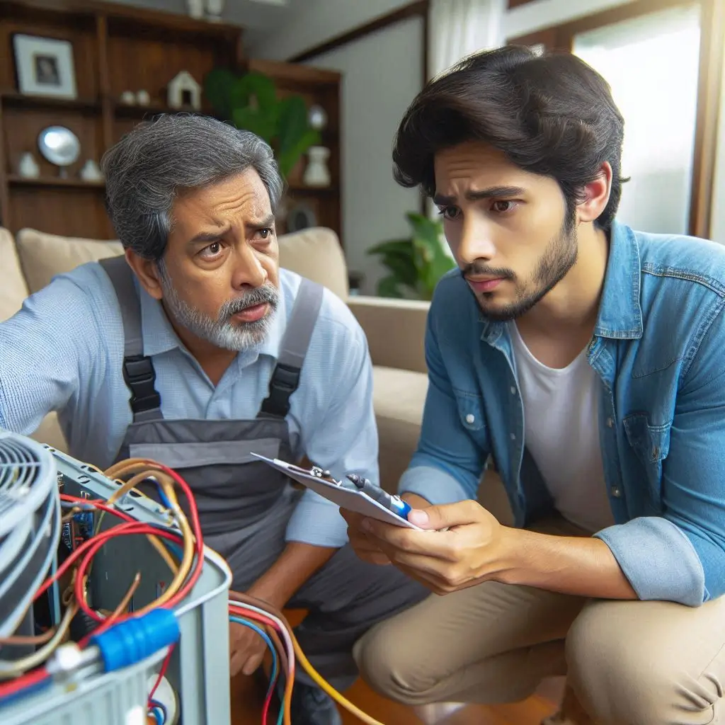 A professional HVAC technician diagnosing a central air conditioner using specialized tools, with a concerned homeowner standing nearby.