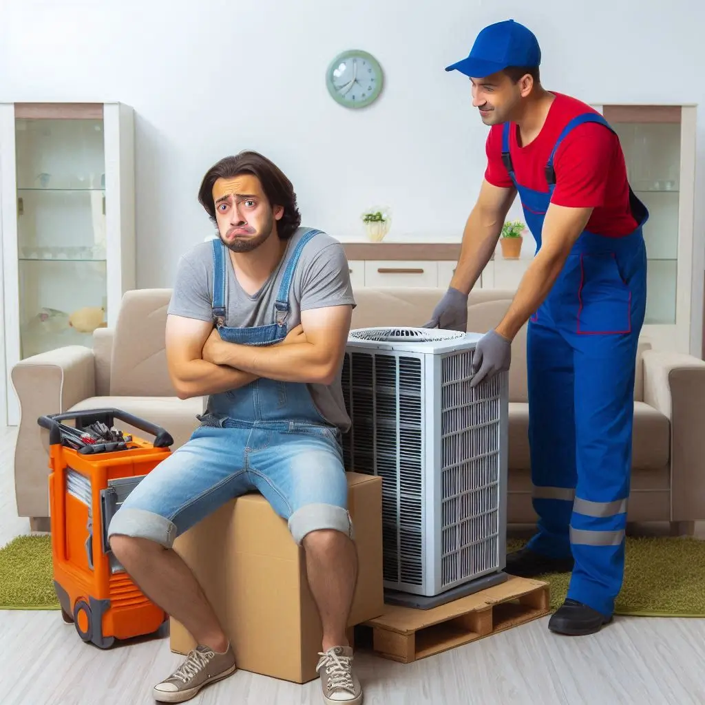 "A homeowner trying to move an AC unit by themselves, looking frustrated, with a technician stepping in to offer professional assistance."