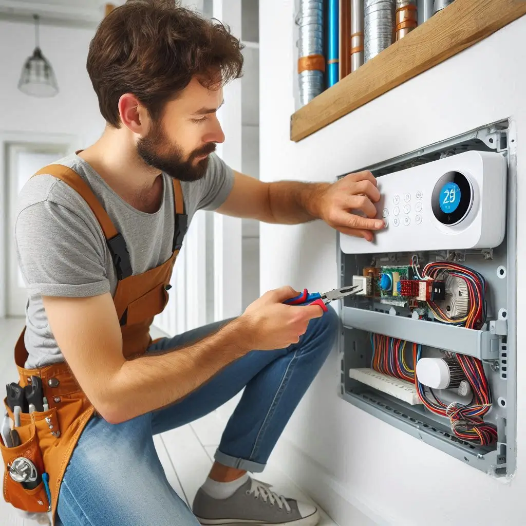 A professional HVAC technician installing a new heating system in a modern home, with a focus on smart thermostat integration.