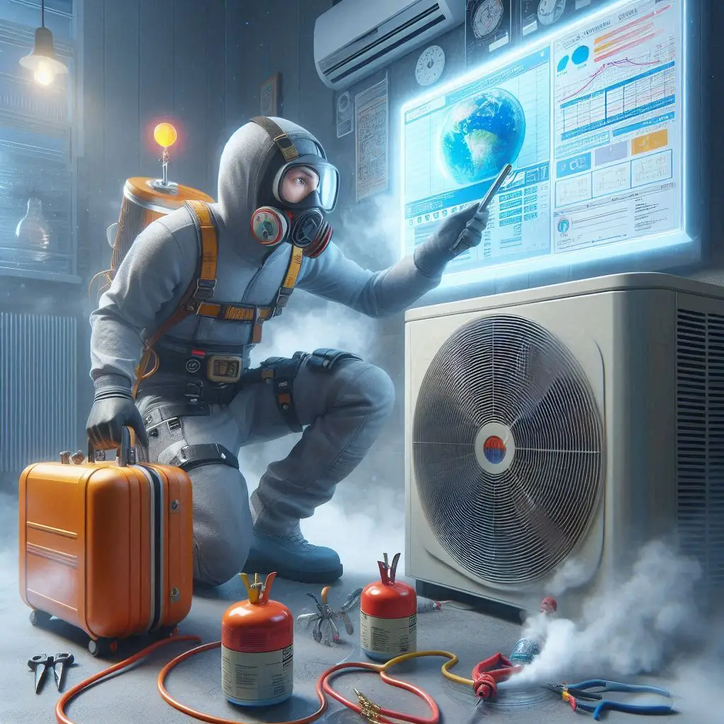 "Visual of an AC unit leaking refrigerant gas, with the technician identifying the problem and highlighting the potential effects on system performance and the environment."