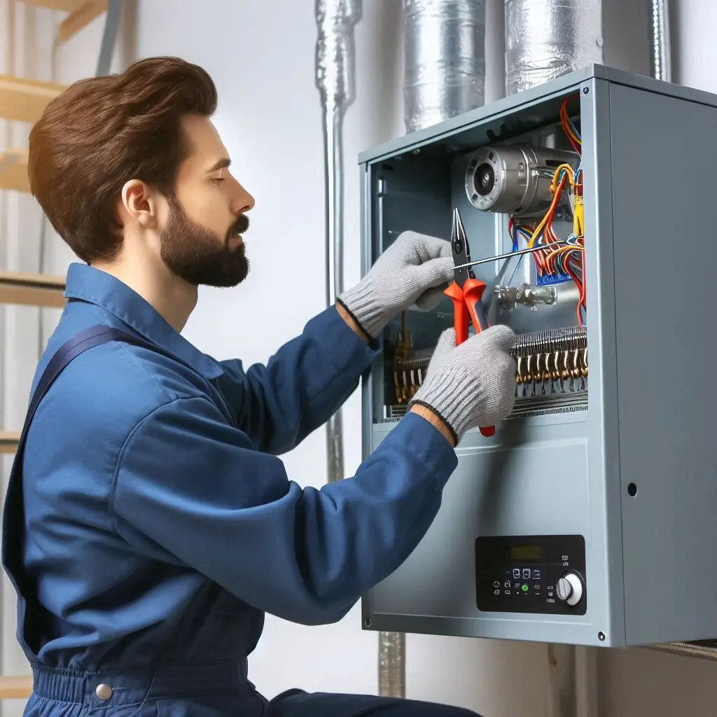 A certified HVAC installing a new furnace in a home. The technician is using professional tools, ensuring the system is securely fitted and properly connected. The background should depict a modern and clean workspace.