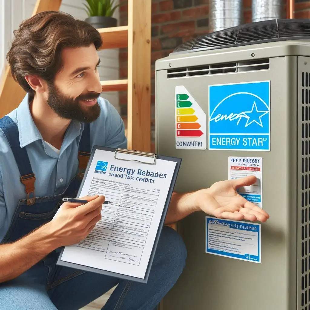 Image of an HVAC contractor explaining available energy rebates and tax credits to a homeowner, with a focus on Energy Star® certification labels on the HVAC unit.