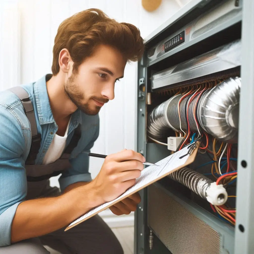 "An HVAC technician conducting routine maintenance on a heating system. The technician inspects and cleans the unit to prevent future breakdowns, ensuring it runs smoothly for the homeowner."