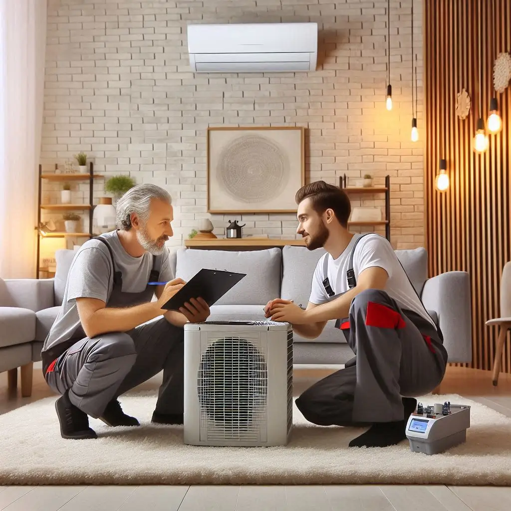 "A technician evaluating a home’s HVAC system and discussing custom solutions with the homeowner in a well-lit, modern living room."