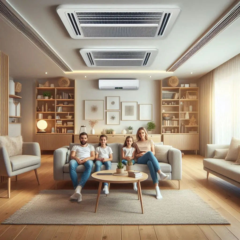 A family sitting comfortably in a well-lit living room with a modern heating and cooling system, showing evenly distributed airflow from ceiling vents.]