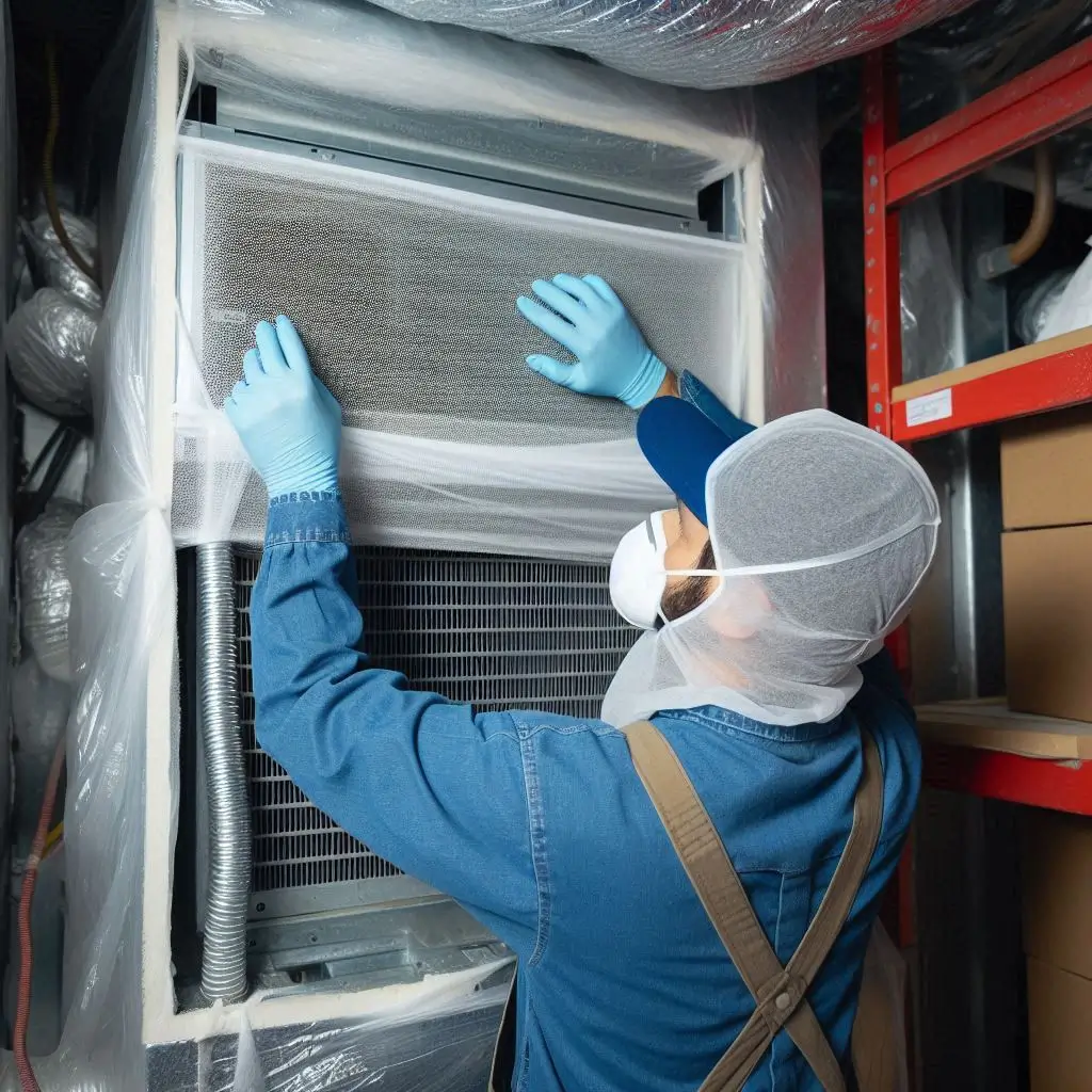 "An image showing an HVAC technician sealing vents and covering the surrounding area with protective sheets to contain dust and debris during the cleaning process."