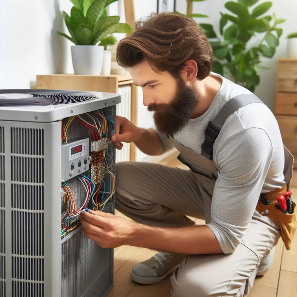 A professional HVAC technician installing a new energy-efficient air conditioning unit in a home, focusing on the system’s components and the precision of installation.