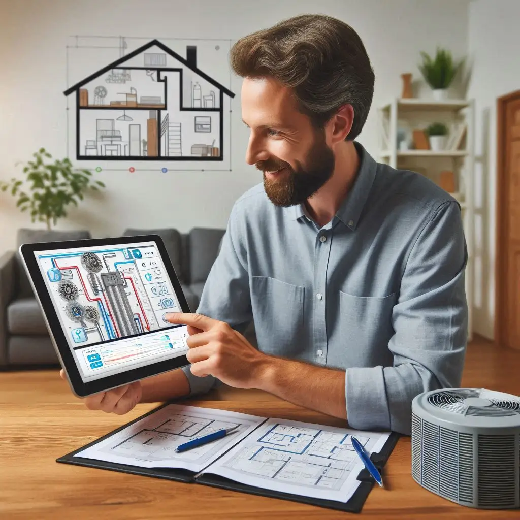 A professional HVAC technician consulting with a homeowner, showing different HVAC system options on a tablet screen with a house layout in the background.