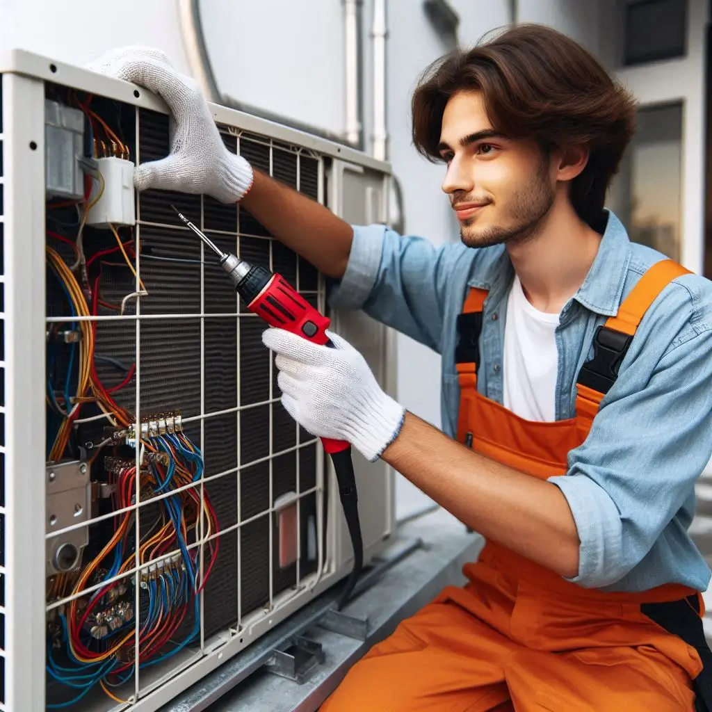 "A technician performing regular maintenance on an air conditioning unit, inspecting the components for wear and tear to ensure the system operates smoothly."