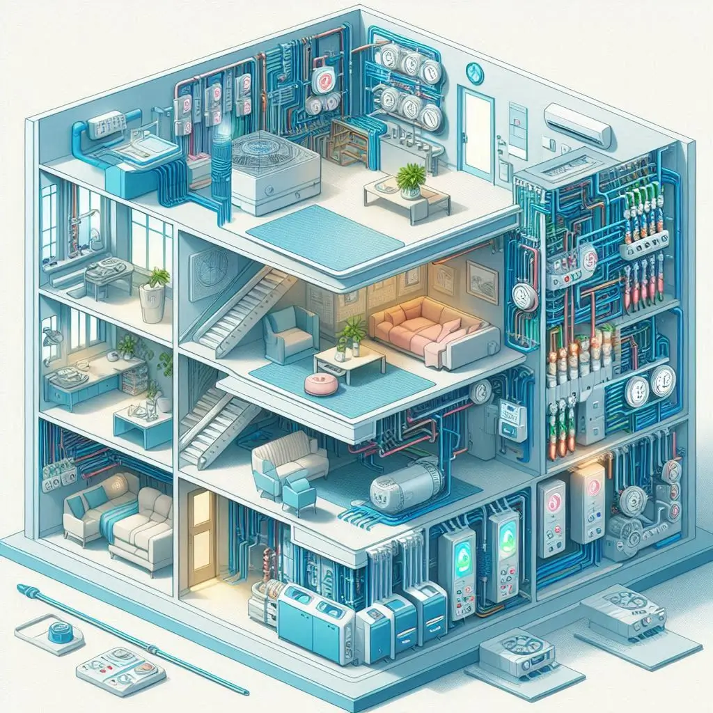 "An illustration of a zoned HVAC system in a large home or office building, showing separate thermostats and controls for different rooms or floors."