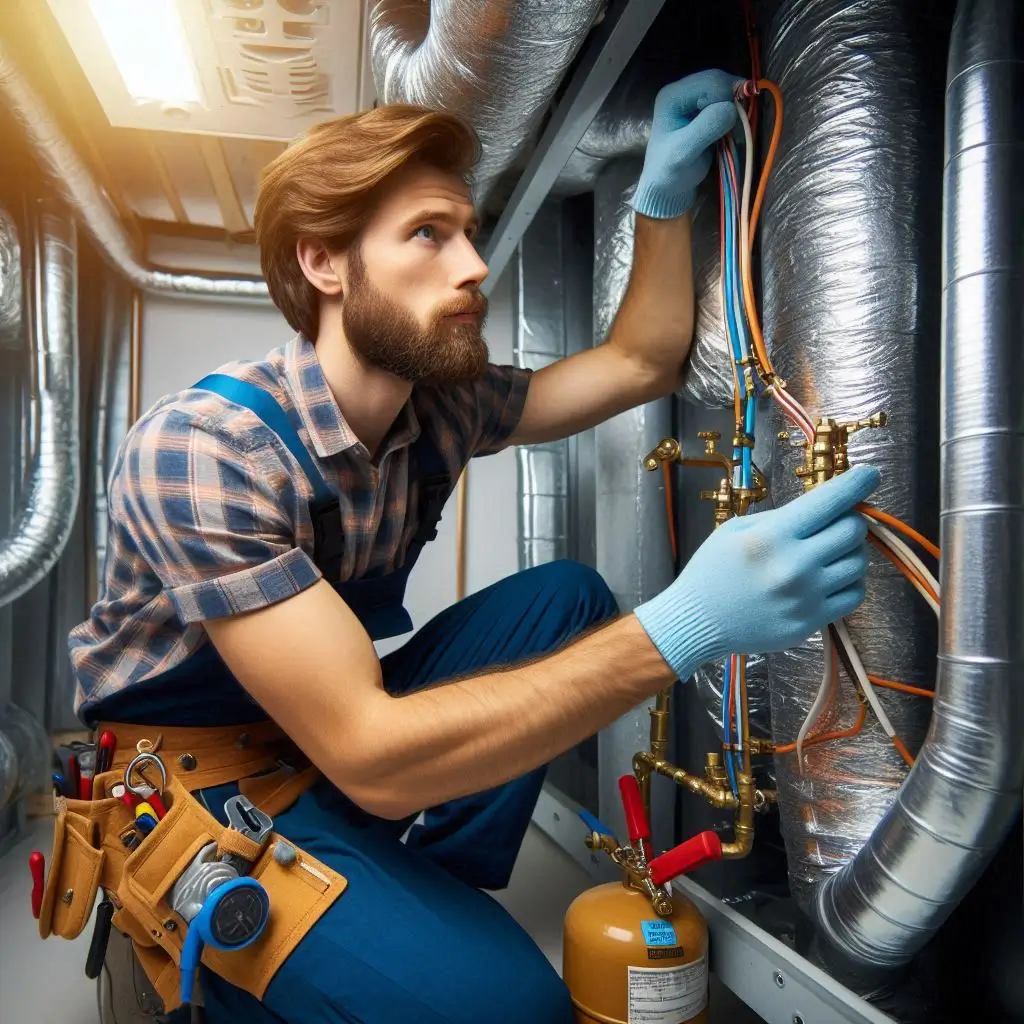 A professional HVAC technician installing refrigerant lines and sealing ductwork in an air conditioning installation, ensuring a perfect fit.