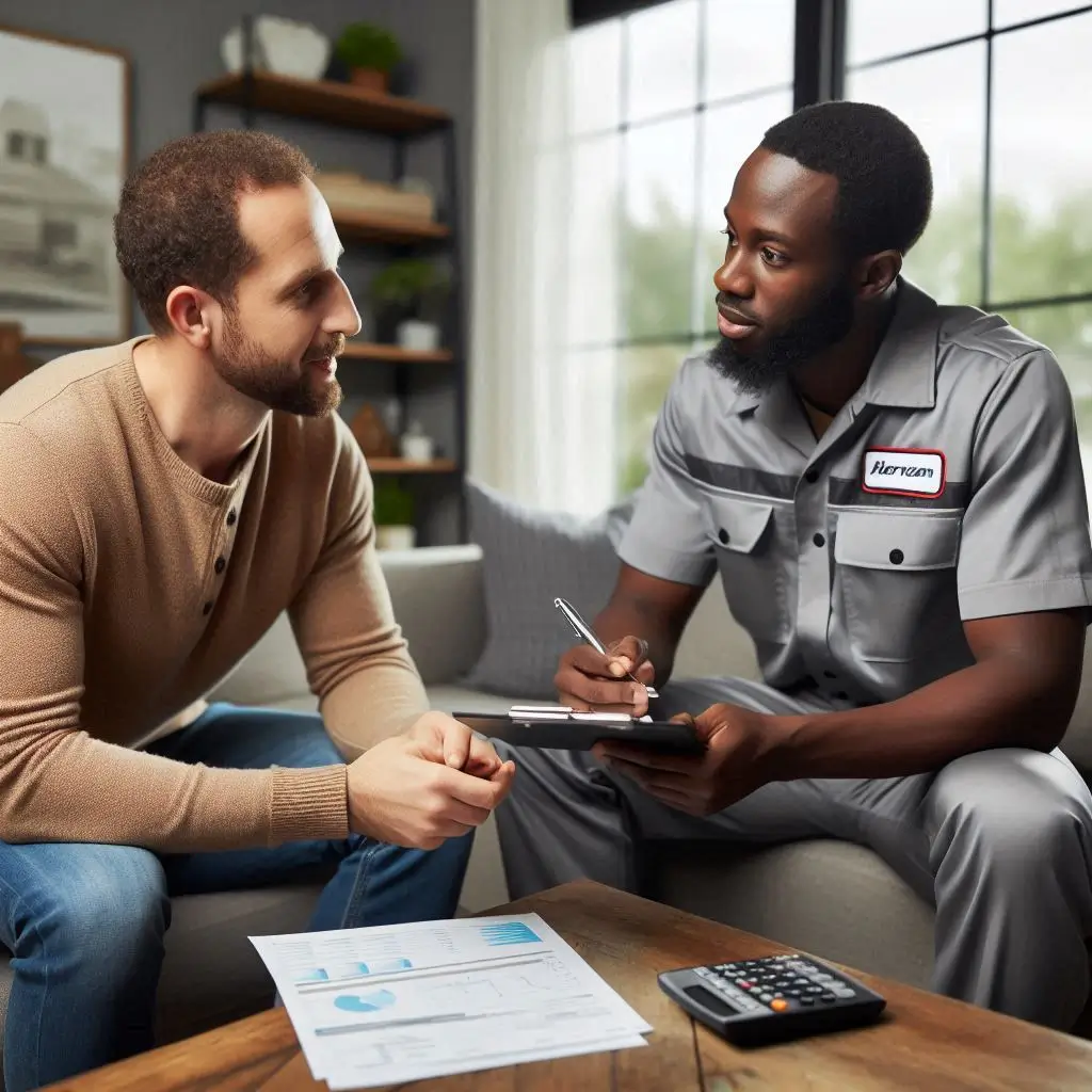 "A technician from Horizon Heating and Cooling providing a free consultation to a homeowner in Calgary, explaining HVAC options and providing a transparent quote."