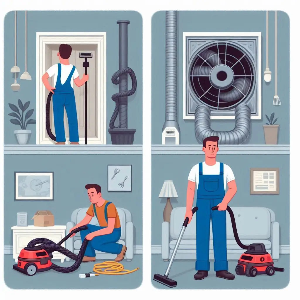 "An image showing a homeowner attempting to clean HVAC vents using a regular vacuum, while an HVAC technician uses professional equipment for a more thorough cleaning of the entire system."
