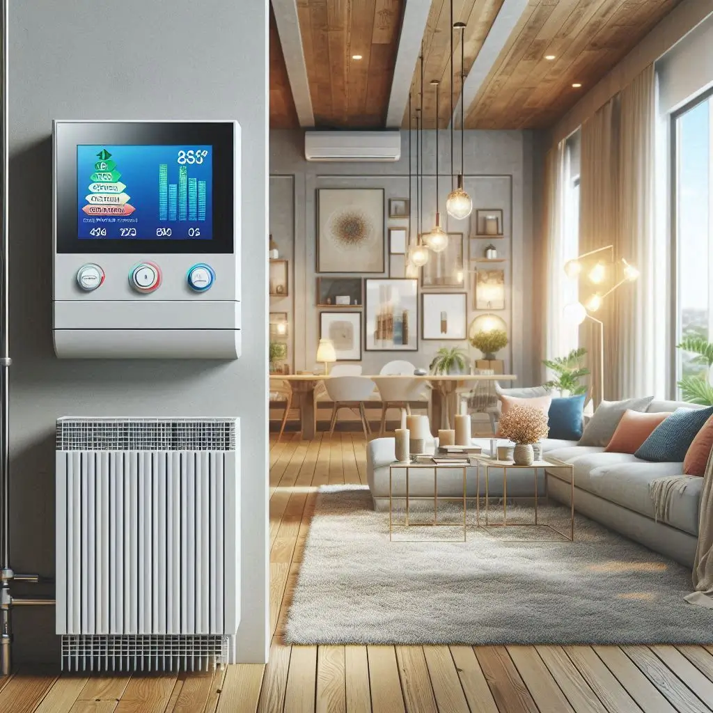 "An energy-efficient HVAC system installed in a modern home, showcasing temperature control settings and a comfortable living environment."