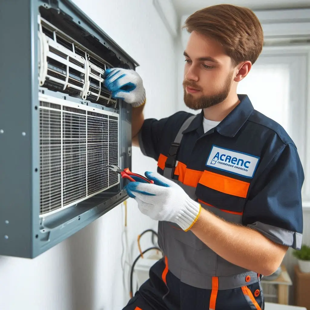A professional HVAC technician in a branded uniform performing maintenance on an air conditioning unit, ensuring optimal performance and efficiency.