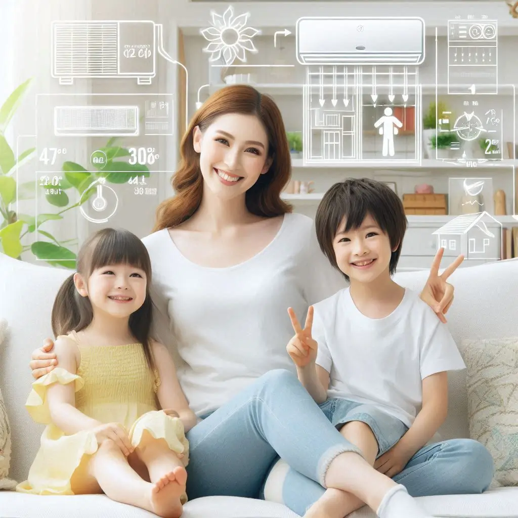 "A family enjoying a comfortable home with a modern HVAC system, showing clean air, a balanced temperature, and a healthy indoor environment."