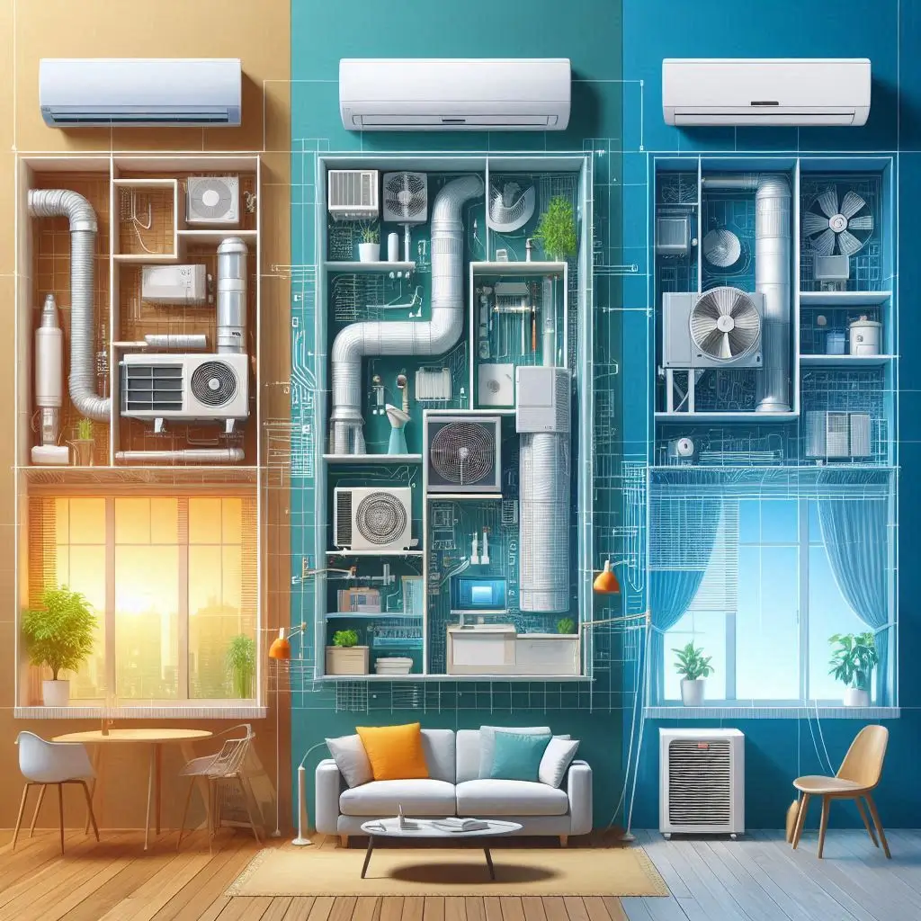 "A visual comparison of different types of air conditioning systems (central AC, ductless, window units) showing the differences in installation complexity."
