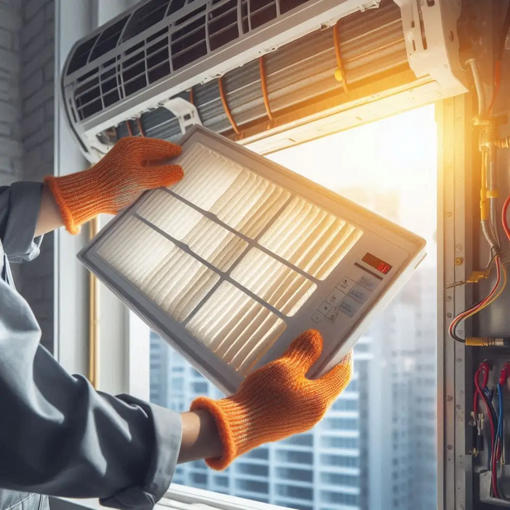 A technician replacing the air filter of an air conditioner or cleaning the coils, showing how maintenance helps improve the efficiency of the system.