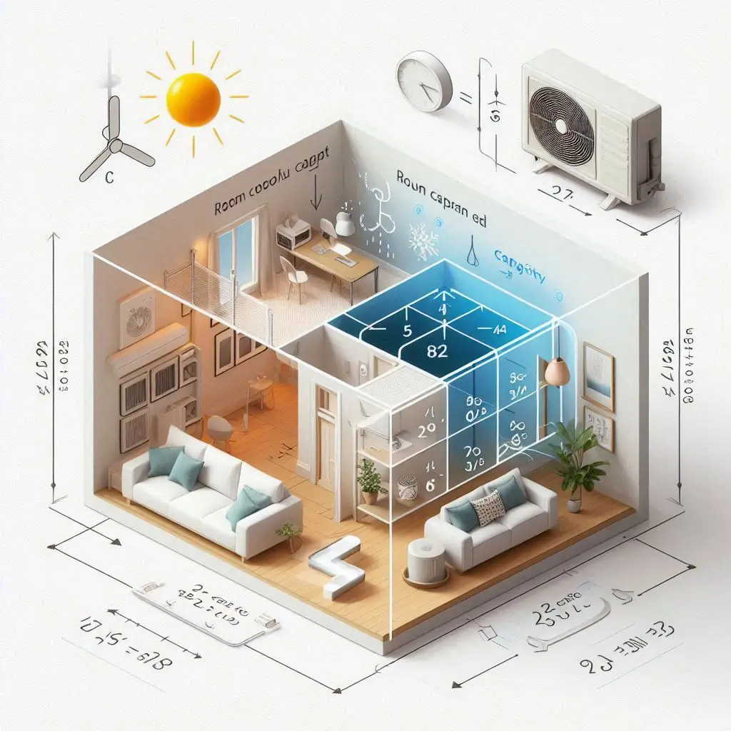An image illustrating the BTU capacity formula with an example of room sizes and how different room configurations impact cooling load.