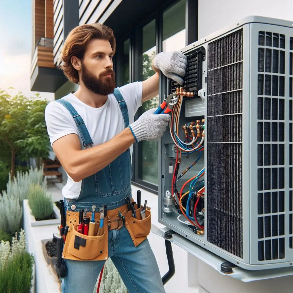 A professional HVAC technician installing a central AC unit outside a modern home, connecting refrigerant lines and testing airflow.