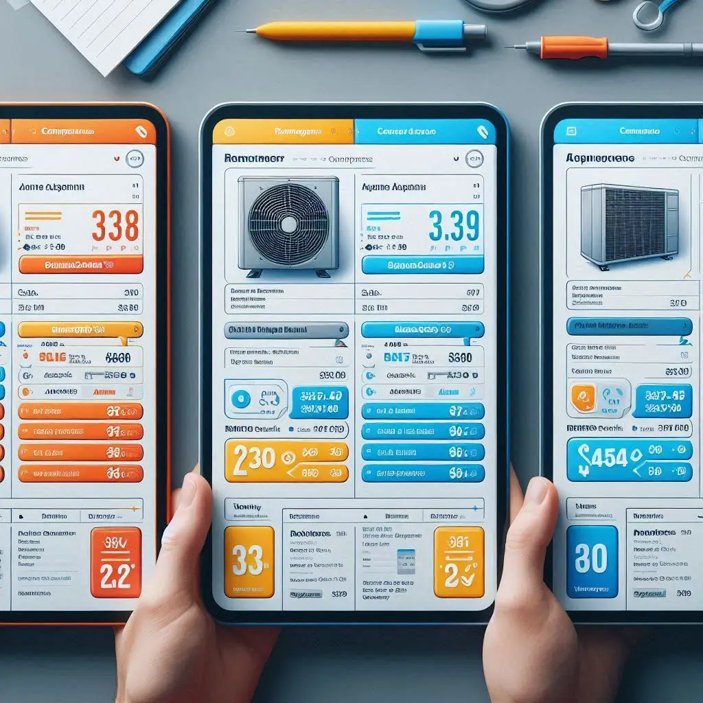  A side-by-side comparison of three different HVAC service quotes with highlighted pricing, service details, and warranty information.