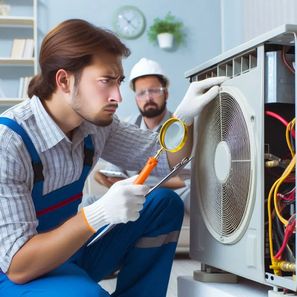 "An HVAC technician diagnosing and troubleshooting an air conditioning system that is making strange noises or not cooling effectively."