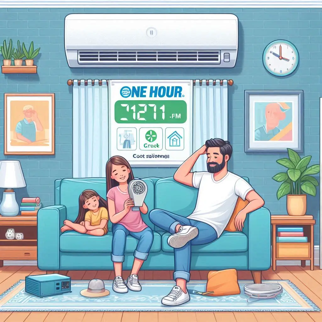 "A family enjoying a comfortable home with the air conditioner running efficiently. The scene highlights the cost savings and energy efficiency provided by One Hour Heating and Air's quick service."