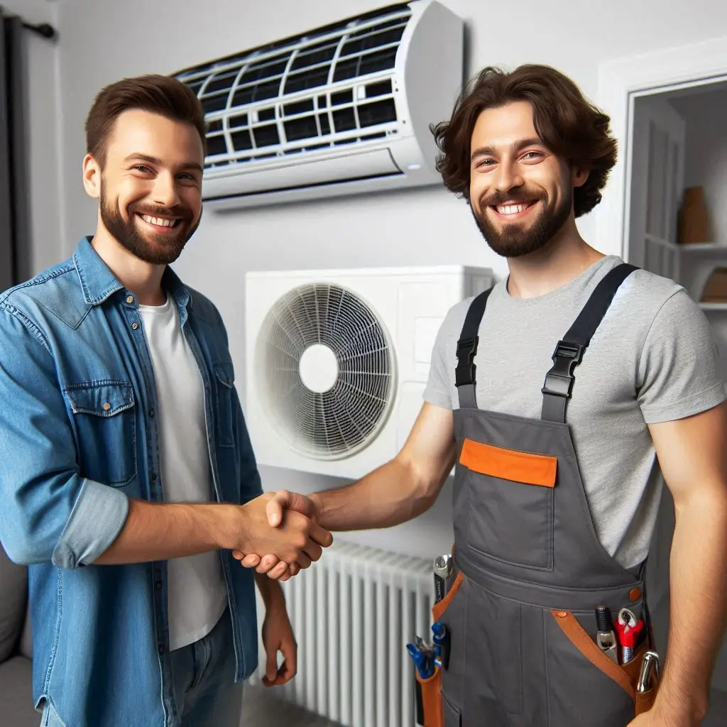 A happy customer shaking hands with an HVAC technician after a successful installation, with a modern air conditioning unit in the background.
