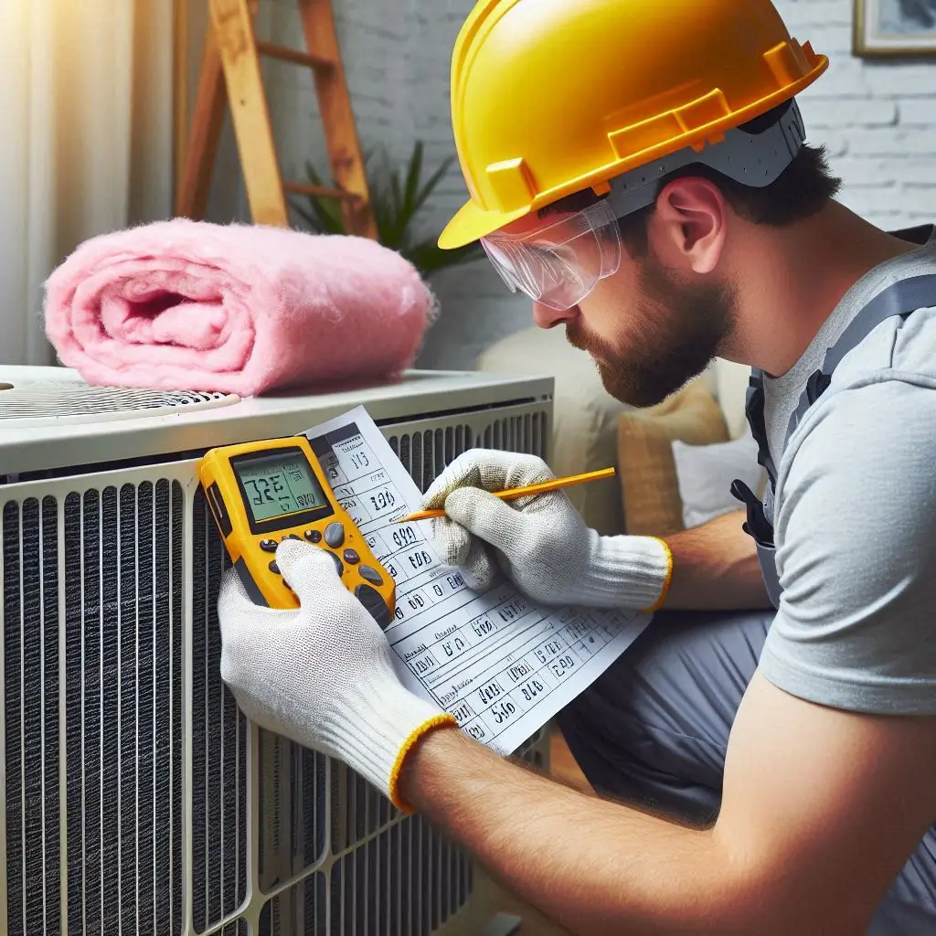 A detailed HVAC technician performing a load calculation, measuring room size, and analyzing insulation to determine the ideal AC unit size.