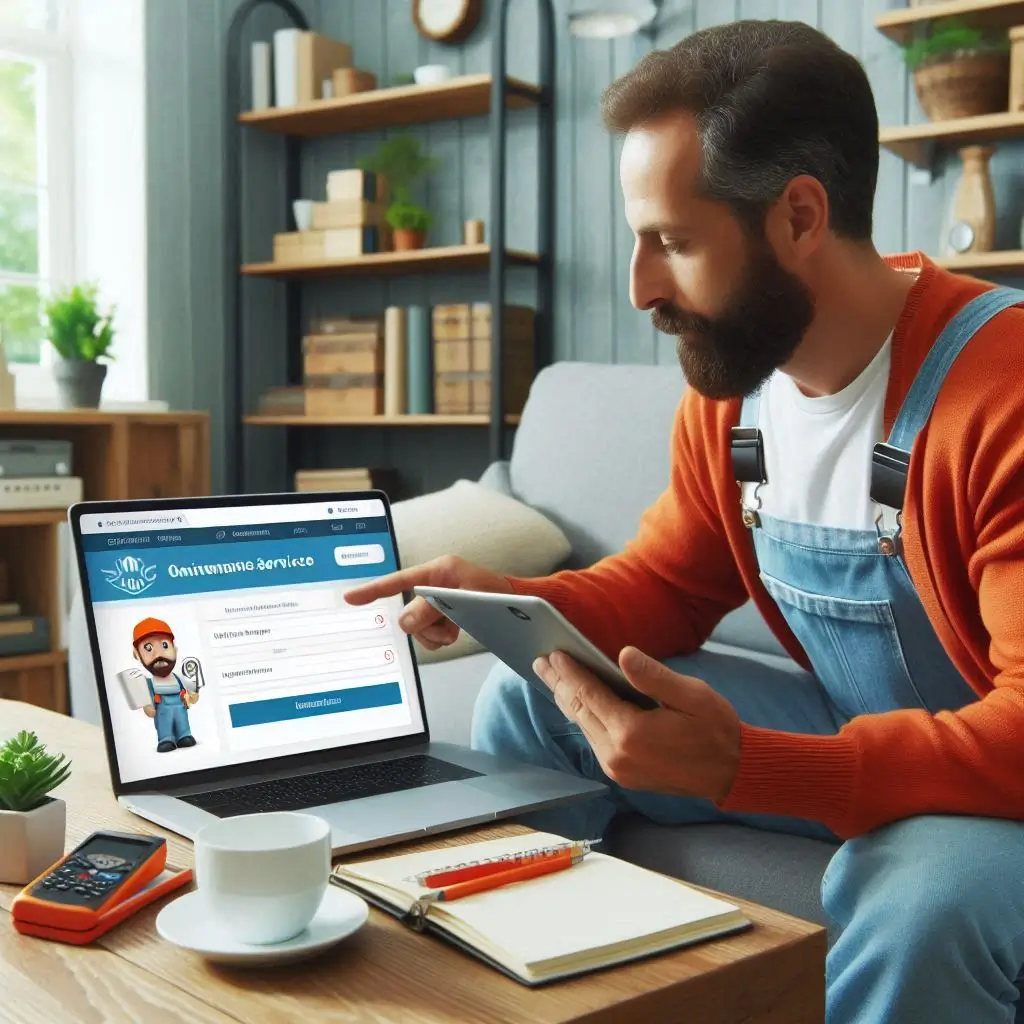 "A homeowner scheduling HVAC maintenance services online, reviewing service options and pricing on a website."